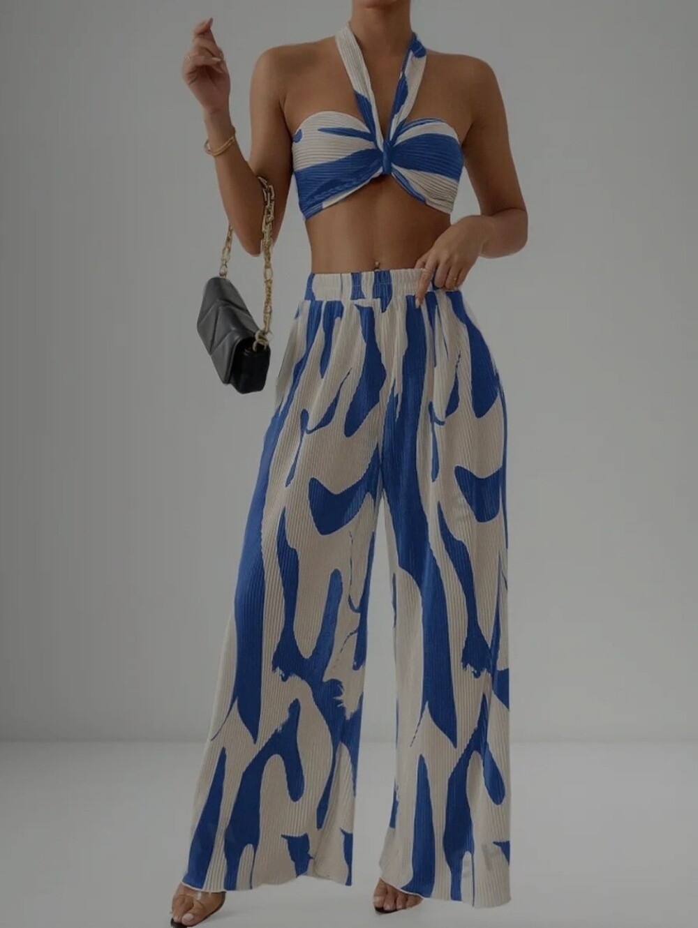 Blue & Cream Wide-Leg Printed Palazzo Pants - Women's
